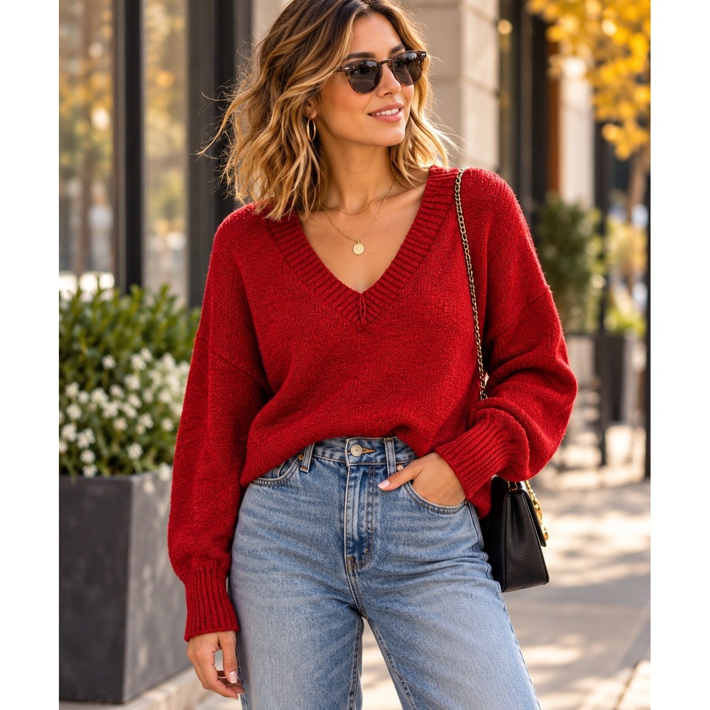 BDG Urban Outfitters Red Marled V-Neck Cropped Sweater Womens Size Medium